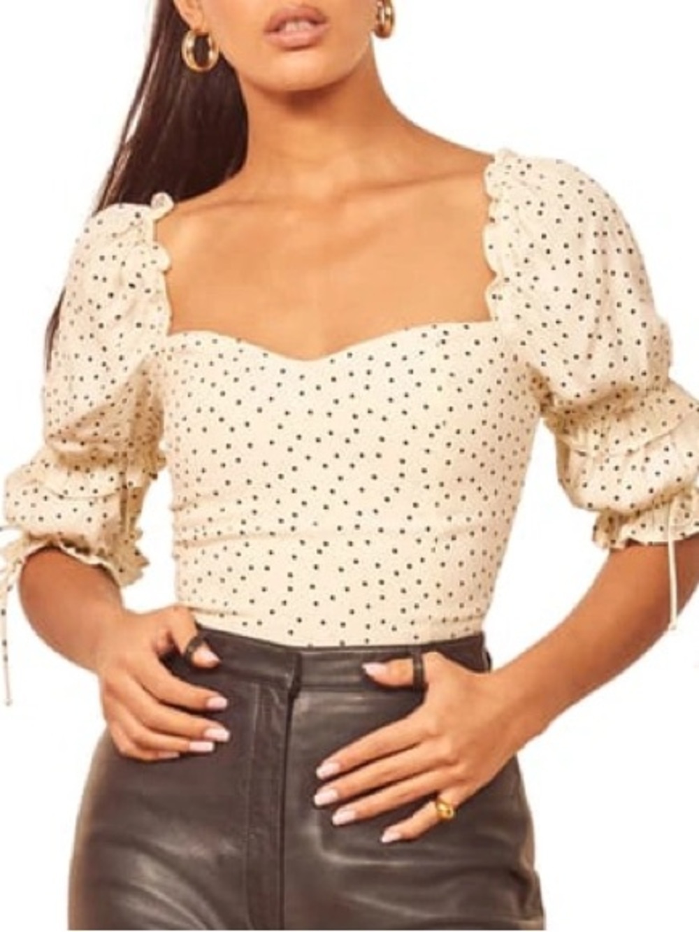 Reformation Nina Cream Nina Polka Dot Puff Sleeve Smocked Top 39249